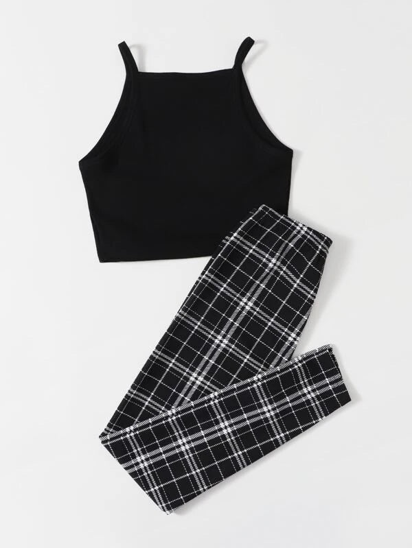 SHEIN Teen Girls Rib-knit Cami Top and Plaid Leggings Set