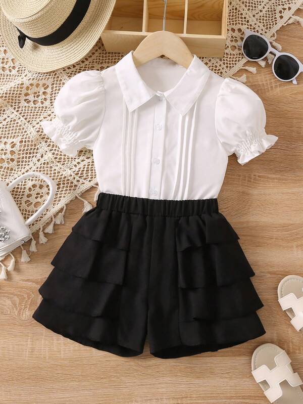 SHEIN Toddler Girls Puff Sleeve Blouse & Layer Hem Shorts Set