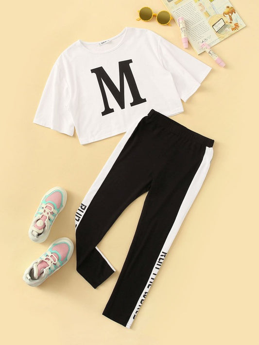 SHEIN Girls Letter Graphic Top & Contrast Side Pants Set