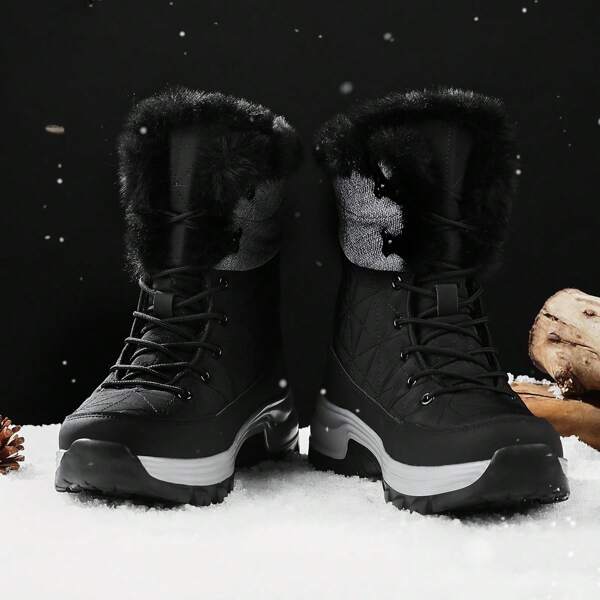 Men's Slip-resistant Fleece Lined And Thickened Rolled Up Cuff Flat Warm Boots For Fashionable Casual Outdoor Winter, Patchwork Waterproof Snow Boots