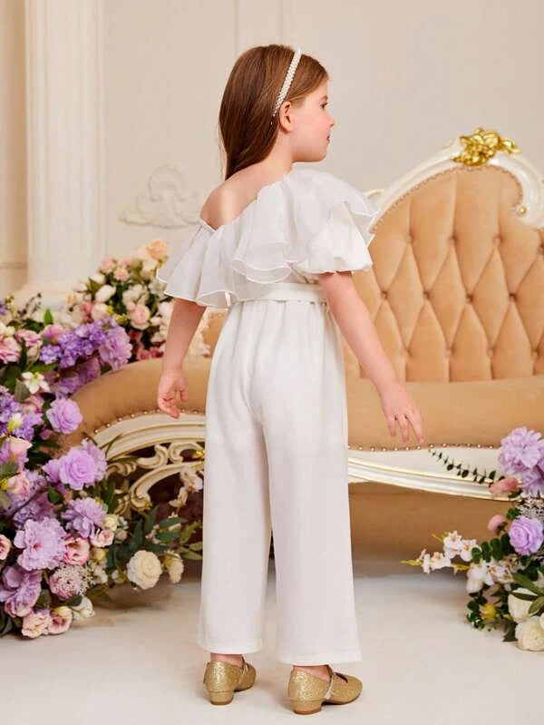 SHEIN Kids CHARMNG Toddler Girls Asymmetrical Neck Ruffle Trim Belted Wide Leg Jumpsuit