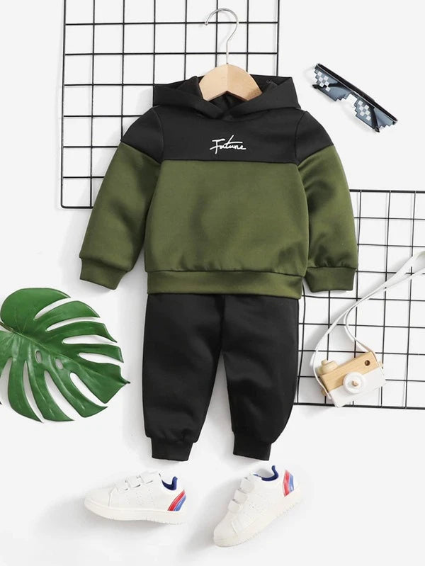 Baby Letter Graphic Colorblock Hooded Sweatshirt & Sweatpants