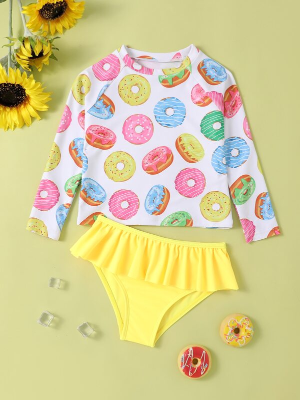 SHEIN Kids EVRYDAY Toddler Girls Donut Print Ruffle Hem Bikini Swimsuit