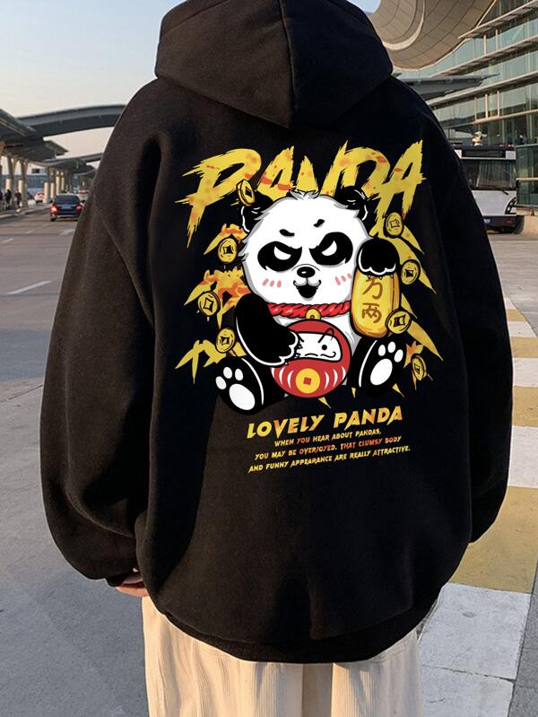 Manfinity EMRG Men Panda & Slogan Graphic Drop Shoulder Drawstring Hoodie