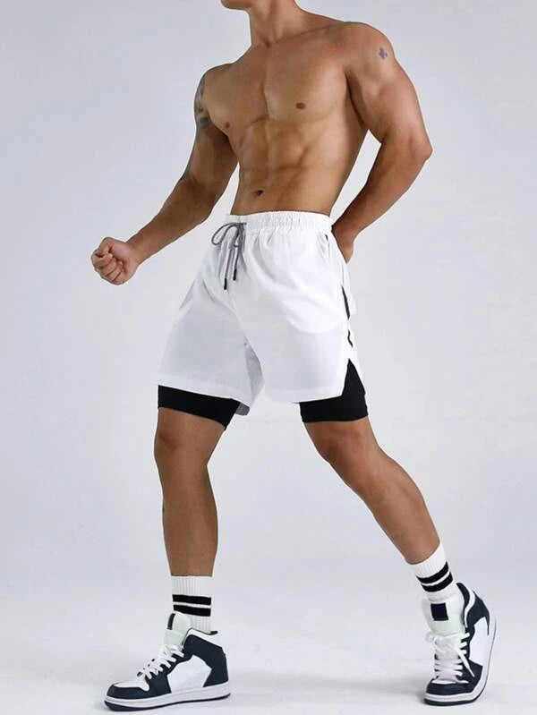 Men Drawstring Waist 2 In 1 Sports Shorts