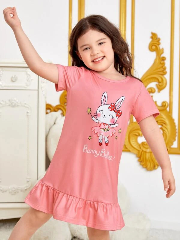 SHEIN Kids QTFun Toddler Girls Rabbit & Letter Graphic Ruffle Hem Nightdress