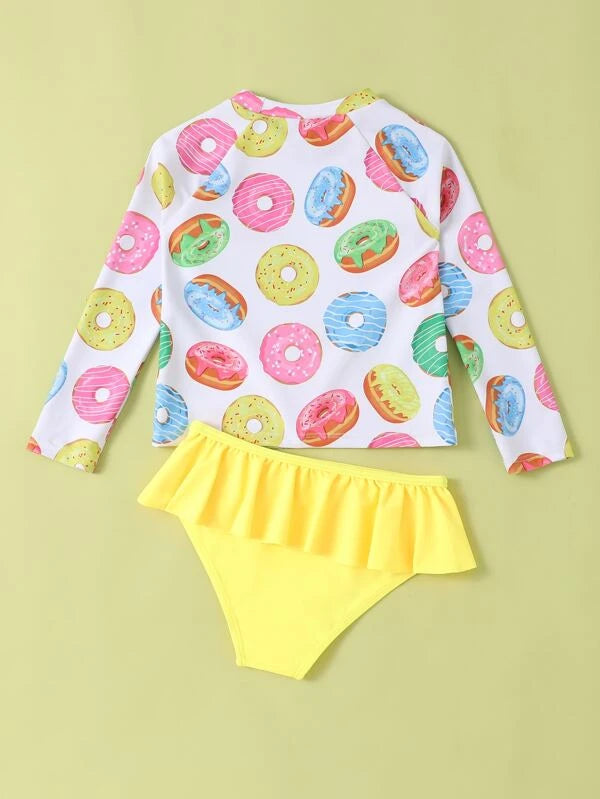 SHEIN Kids EVRYDAY Toddler Girls Donut Print Ruffle Hem Bikini Swimsuit