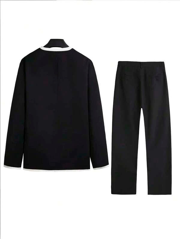 Men Contrast Trim Single Button Blazer & Tailored Pants