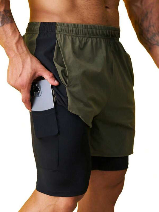 Men Colorblock 2 In 1 Sports Shorts With Phone Pocket