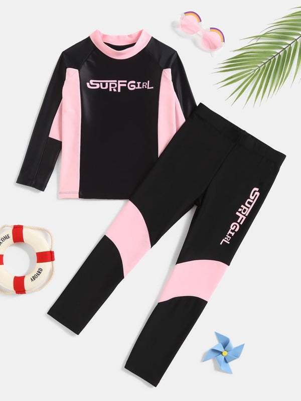 SHEIN Kids EVRYDAY Toddler Girls' Vacation Letter Surfing Swimsuit Set With Long Sleeves, Pants And Sun Protection For Spring And Summer