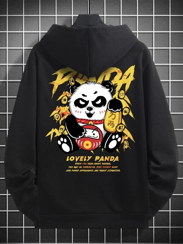 Manfinity EMRG Men Panda & Slogan Graphic Drop Shoulder Drawstring Hoodie