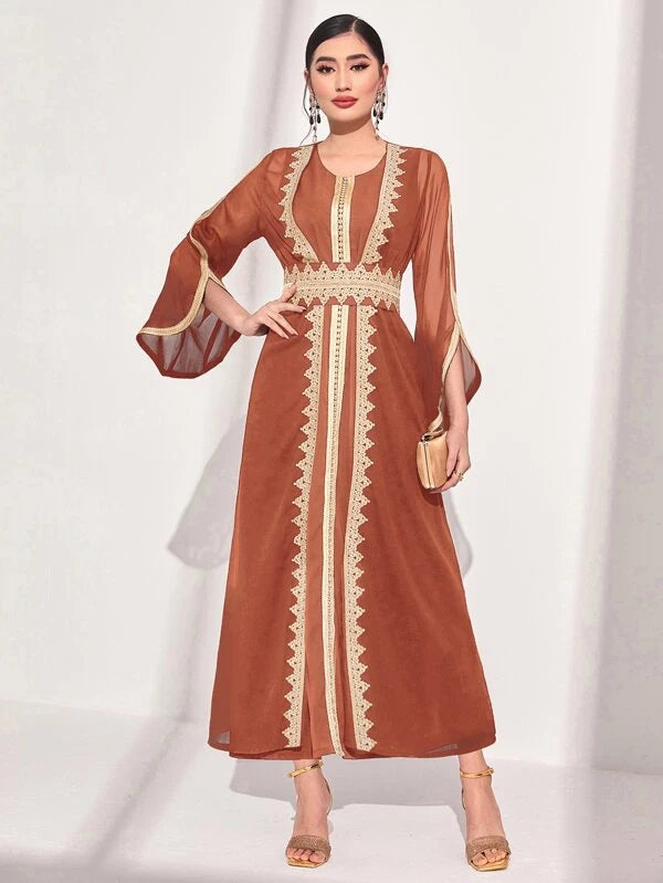 SHEIN Najma Guipure Lace Appliques Belted Abaya Set