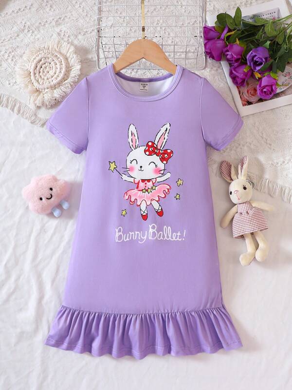 SHEIN Kids QTFun Toddler Girls Rabbit & Letter Graphic Ruffle Hem Nightdress