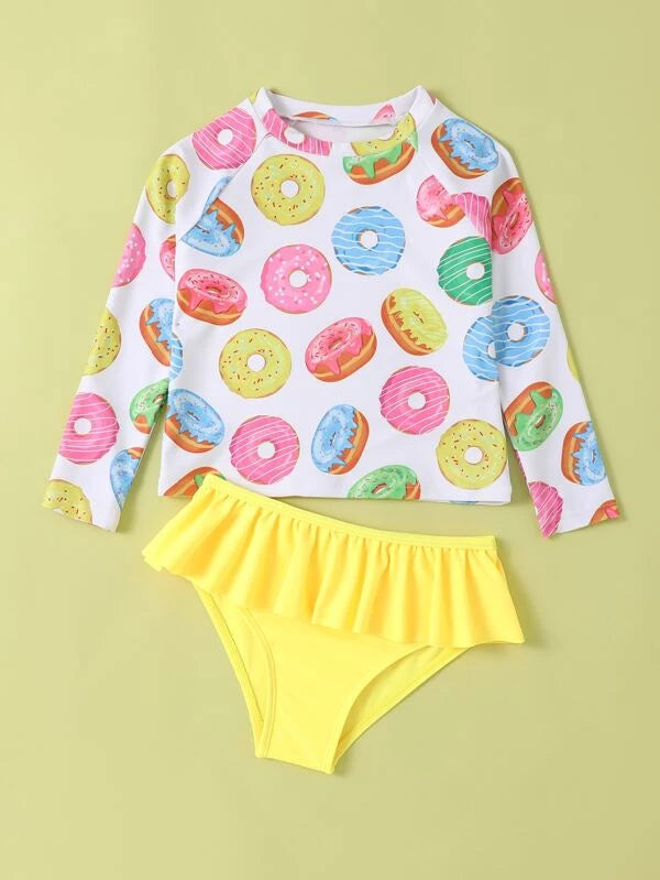 SHEIN Kids EVRYDAY Toddler Girls Donut Print Ruffle Hem Bikini Swimsuit