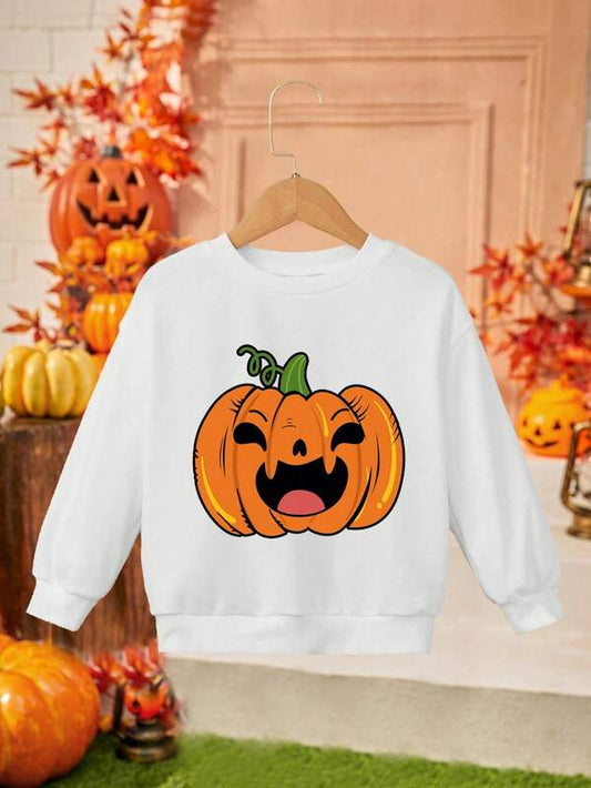 Young Girl Halloween Pumpkin Print Drop Shoulder Pullover
