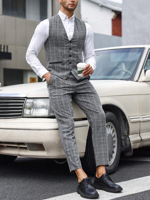 Men 1pc Plaid Waistcoat & 1pc Suit Pants