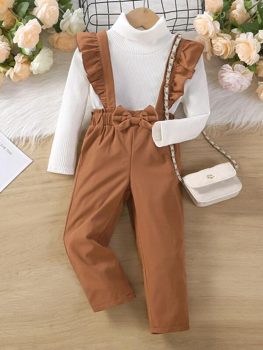 Toddler Girls Bow Front Ruffle Trim Overall Jumpsuit Without Sweater