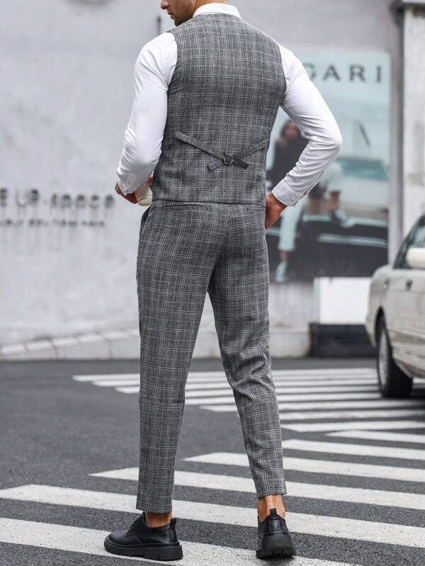 Men 1pc Plaid Waistcoat & 1pc Suit Pants