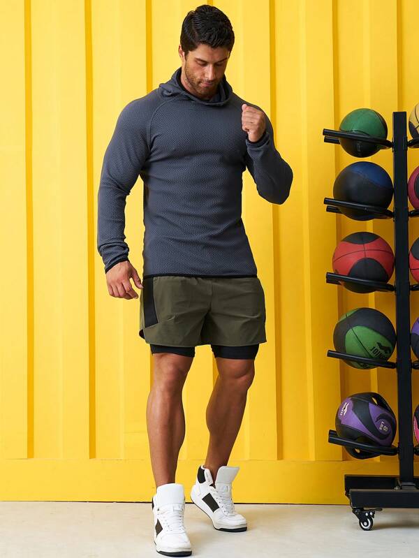 Men Colorblock 2 In 1 Sports Shorts With Phone Pocket