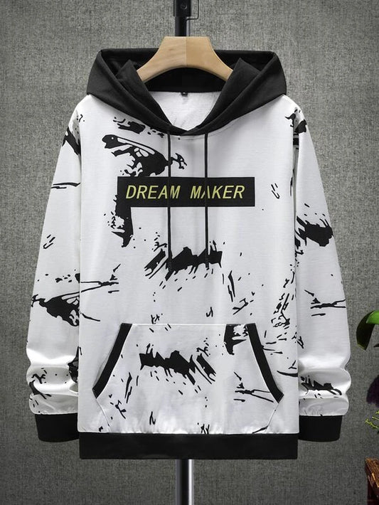 Men Letter & Splash Ink Print Kangaroo Pocket Drawstring Hoodie