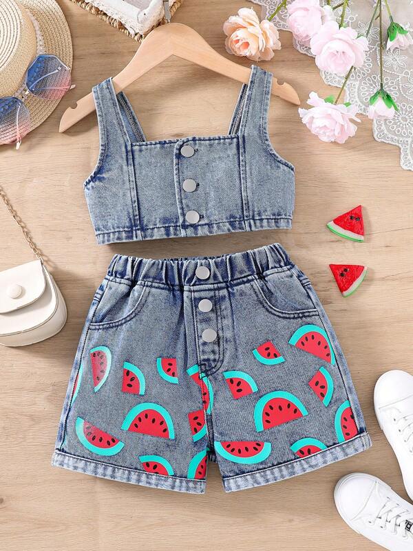 Toddler Girls Watermelon Print Denim Tank Top & Shorts Set