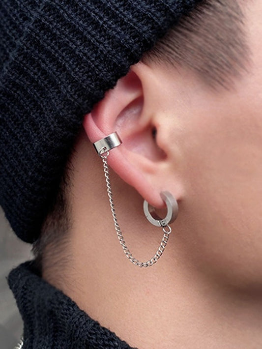 Fashionable and Popular 1pc Men Chain Decor Ear Cuff Stainless Steel Punk Hip Pop Style for Jewelry Gift and for a Stylish Look