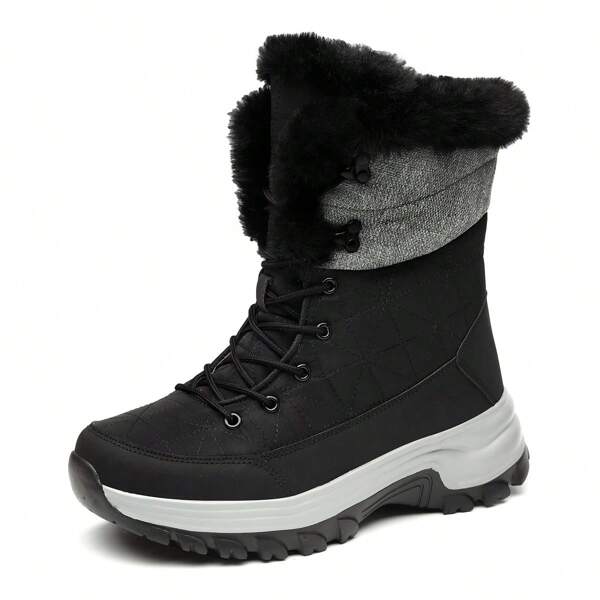 Men's Slip-resistant Fleece Lined And Thickened Rolled Up Cuff Flat Warm Boots For Fashionable Casual Outdoor Winter, Patchwork Waterproof Snow Boots