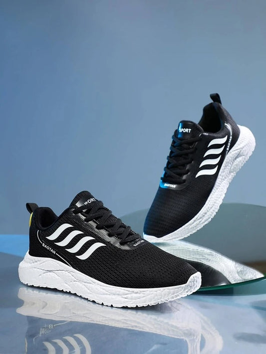 Men Breathable Letter Graphic Lace Up Running Shoes, Sporty Black Fabric Sneakers For Outdoor