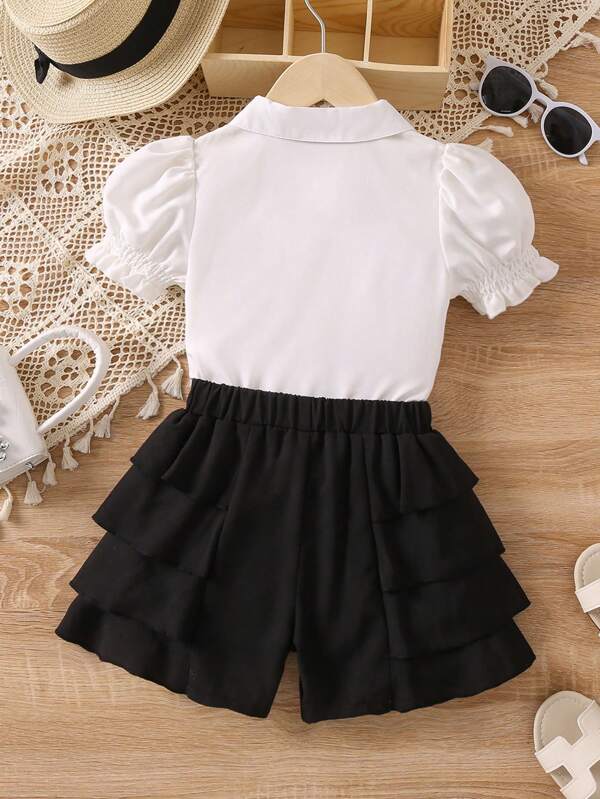 SHEIN Toddler Girls Puff Sleeve Blouse & Layer Hem Shorts Set