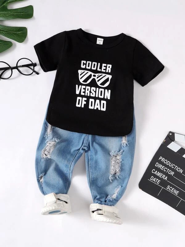 Baby Slogan And Glasses Print Tee & Ripped Jeans
