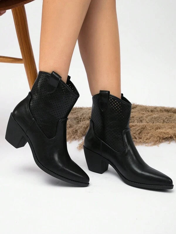 Women's Fashionable Pointed Toe Western Style Hollow Out Chunky Heel High Heel Boots