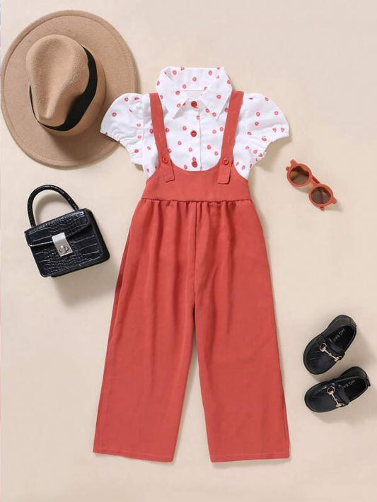 Toddler Girls Floral Print Puff Sleeve Shirt & Overall Jumpsuit