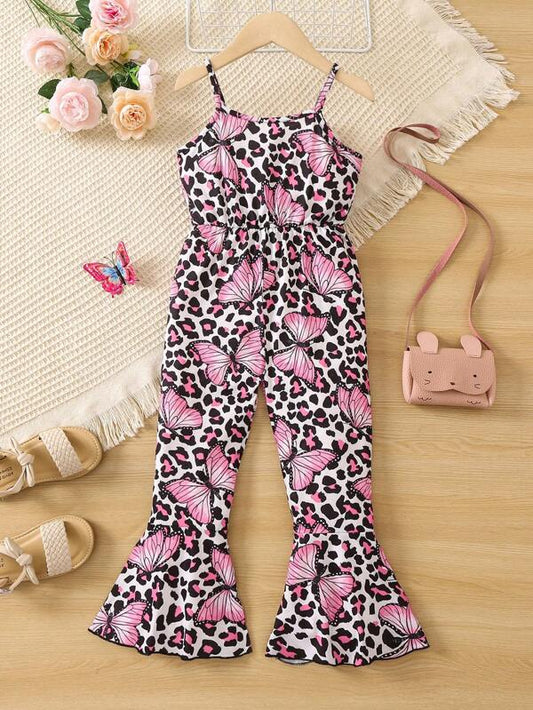 SHEIN Kids Cooltwn Toddler Girls Leopard & Butterfly Print Flare Leg Cami Jumpsuit