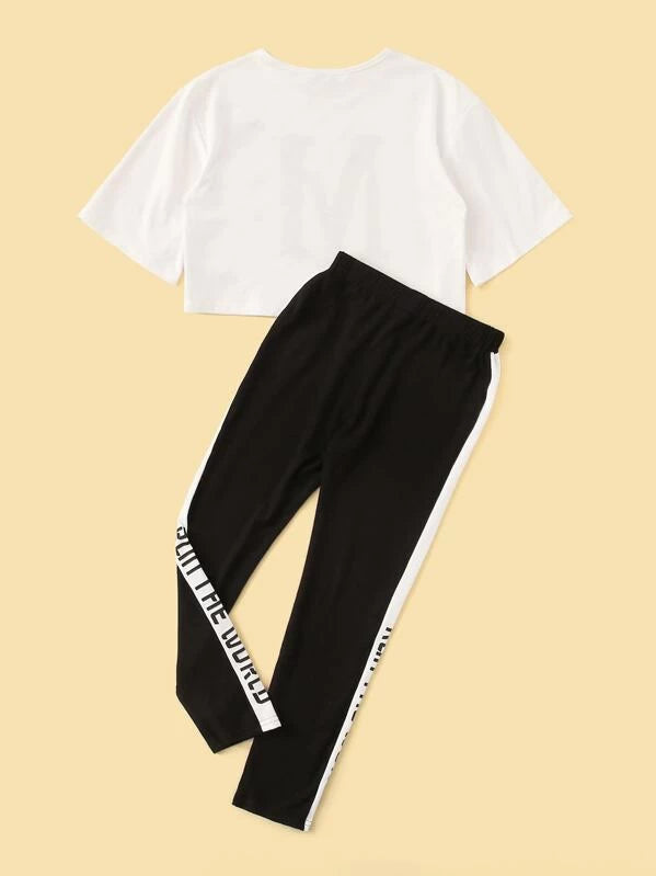 SHEIN Girls Letter Graphic Top & Contrast Side Pants Set