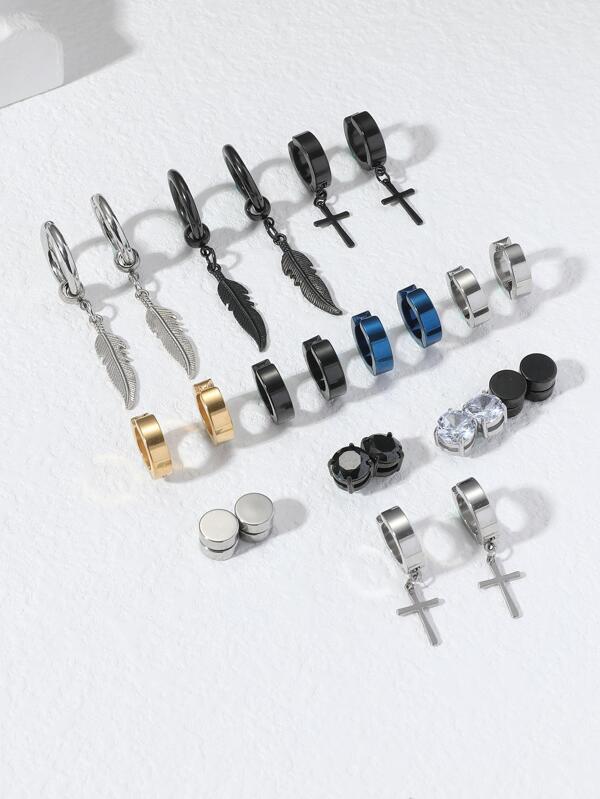 12pairs/set Men Cross & Feather Decor Ear Cuffs, Stainless Steel Jewelry