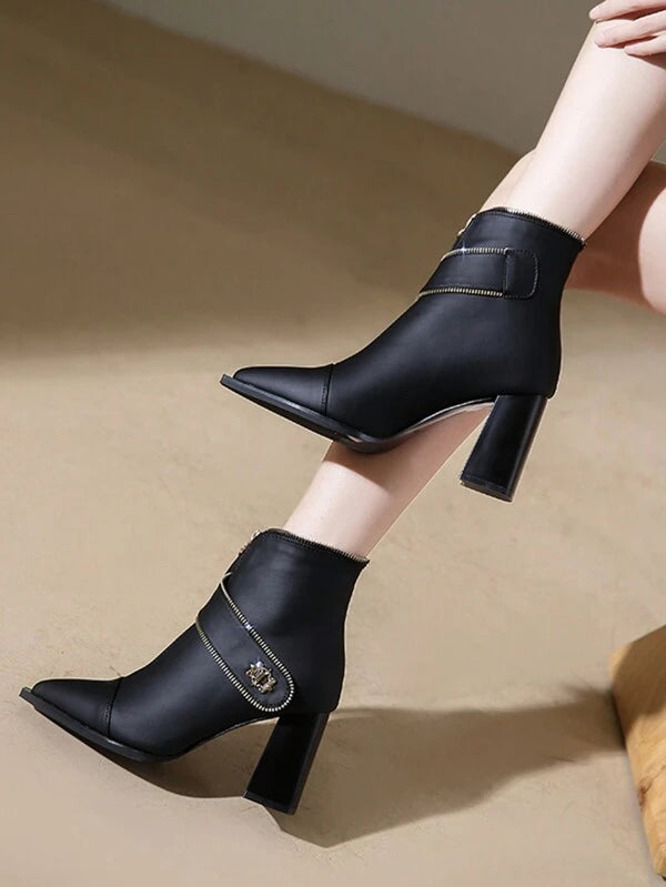 Women's Chunky Heel Pointed Toe Front Zipper Ankle Boots, Trendy Boots