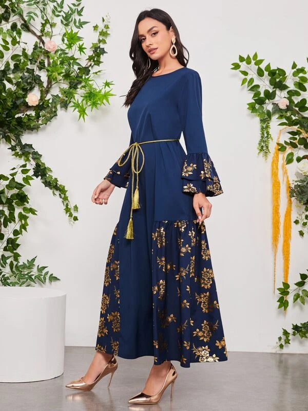 SHEIN Najma Gold Floral Print Flounce Sleeve Tassel Belted Dress