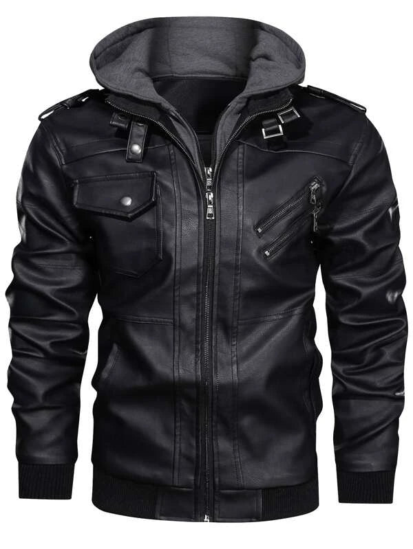 Manfinity LEGND Men 1pc Zip Up Hooded PU Leather Jacket