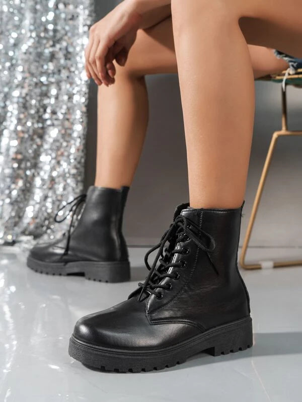 Women Lace Up Front Boots, Cool Black Combat Boots