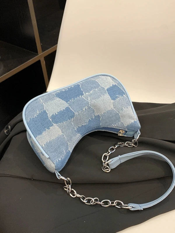 Geometric Pattern Chain Decor Denim Baguette Bag