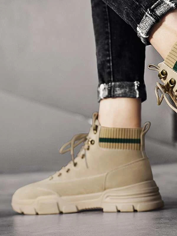 Men Lace-up Front Elastic Band Ankle Boots