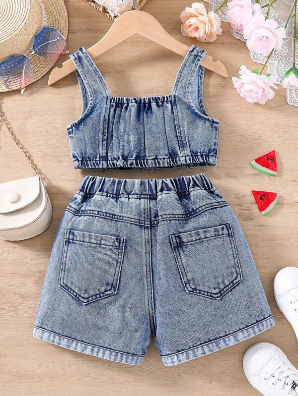 Toddler Girls Watermelon Print Denim Tank Top & Shorts Set