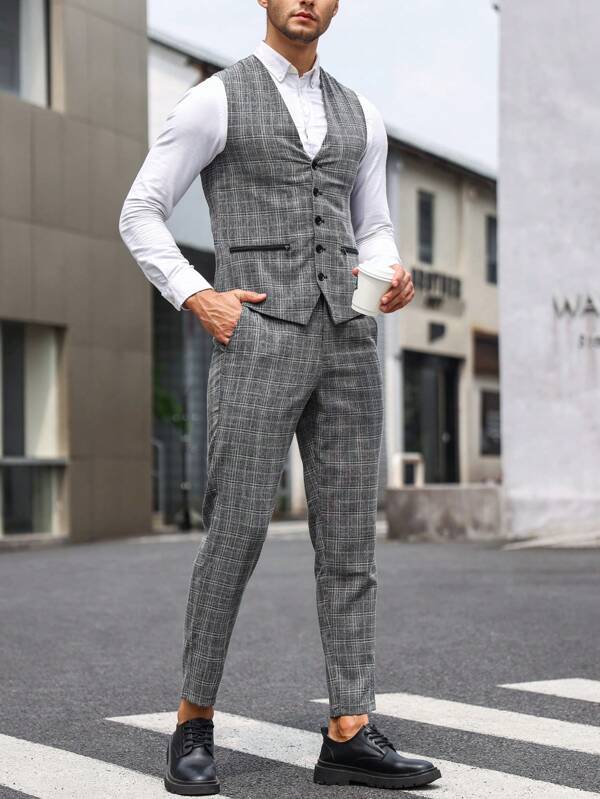 Men 1pc Plaid Waistcoat & 1pc Suit Pants