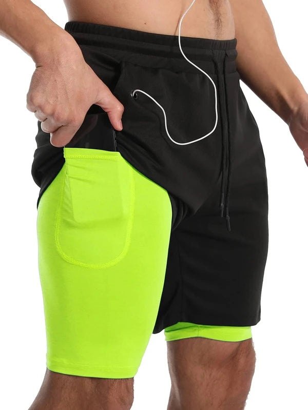 Running Men 2 In 1 Colorblock Sports Shorts With Towel Loop