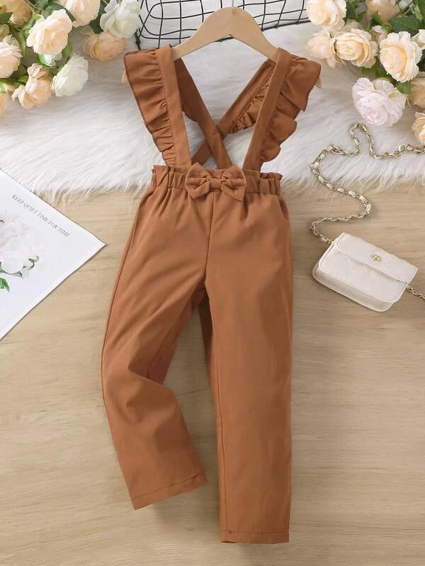 Toddler Girls Bow Front Ruffle Trim Overall Jumpsuit Without Sweater