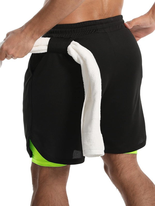 Running Men 2 In 1 Colorblock Sports Shorts With Towel Loop