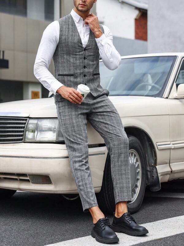 Men 1pc Plaid Waistcoat & 1pc Suit Pants