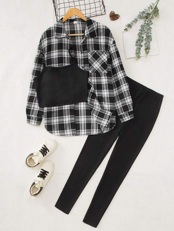 SHEIN Teen Girl Plaid Print Shirt & Cami Top & Leggings