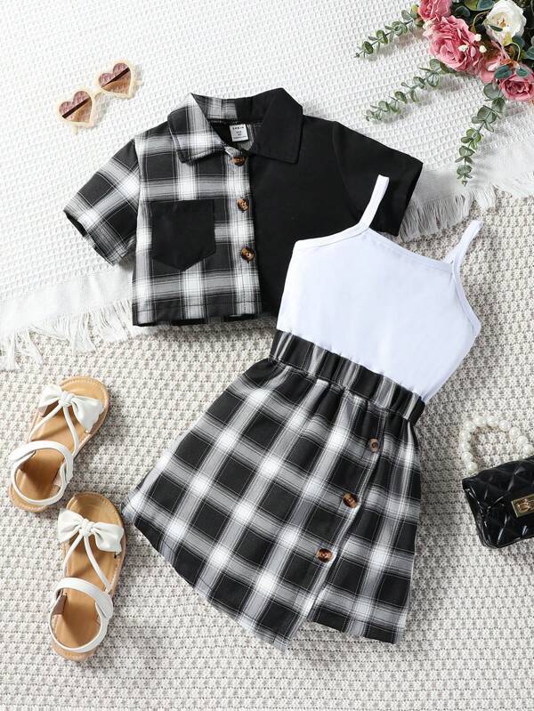 SHEIN Kids EVRYDAY Toddler Girls' Elegant 2-piece Set: Checked Shirt Jacket & Suspender Dress For Summer