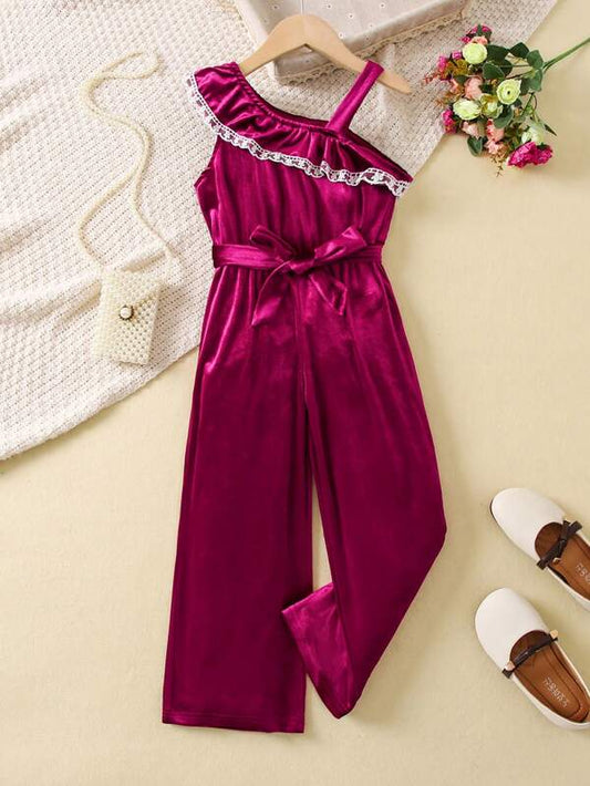 Young Girl Asymmetrical Neck Lace Trim Ruffle Belted Jumpsuit